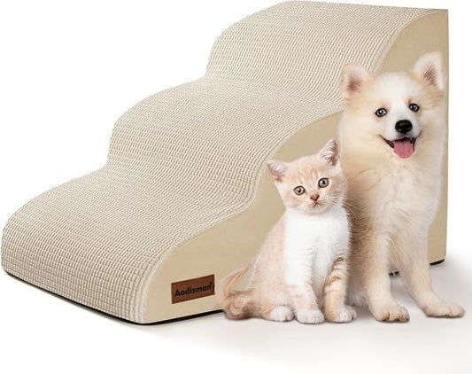 Aodisman 3-Step Dog Ramp and Stairs for Sofa and Chair - Non-Slip Sturdy Pet Steps for Small Dogs and Cats,15.7" H,Beige