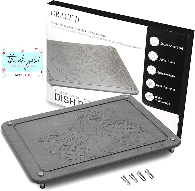 Stone Dish Drying Mat for Kitchen Counter, Absorbent Quick Drying with Non-Slip Feet - Heat Resistant ( 15.7 x 11.8 ) Diatomaceous Earth - Dark Gray