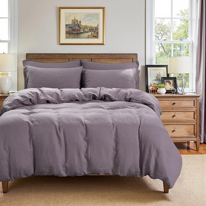 S VICTORY SYMBOL 100% Organic Linen Duvet Cover Set 3PCS Queen Size,Stone Washed French Flax Bedding,1 Comforter Cover and 2 Pillowcases Solid Color Bedding Set(Dusty Purple)