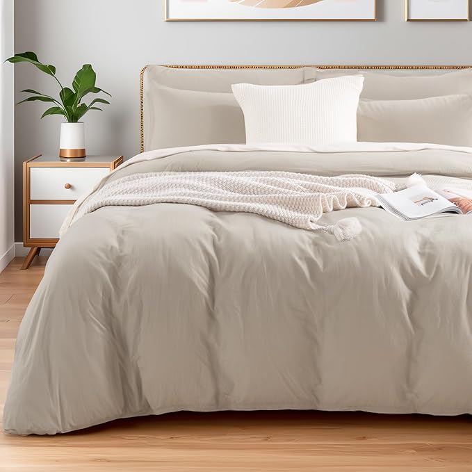 NEXHOME PRO Queen Duvet Cover Set – 100% Certified Organic Cotton with Washed Feel & Linen-Like Texture, Comfortable & Breathable, Home Bedding Set Light Linen (No Comforter)
