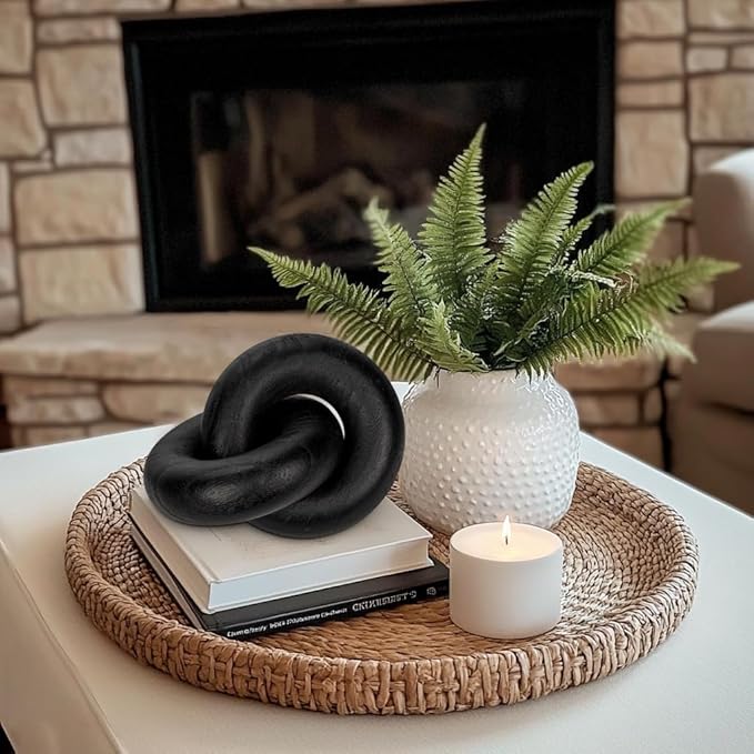 Table Decor Handcrafted Wooden Knot Sculpture Decor – Modern Nordic Style Decorative Accent for Home, Office, Shelf, and Console Table – Matte Black Finish, 7"x4.7"