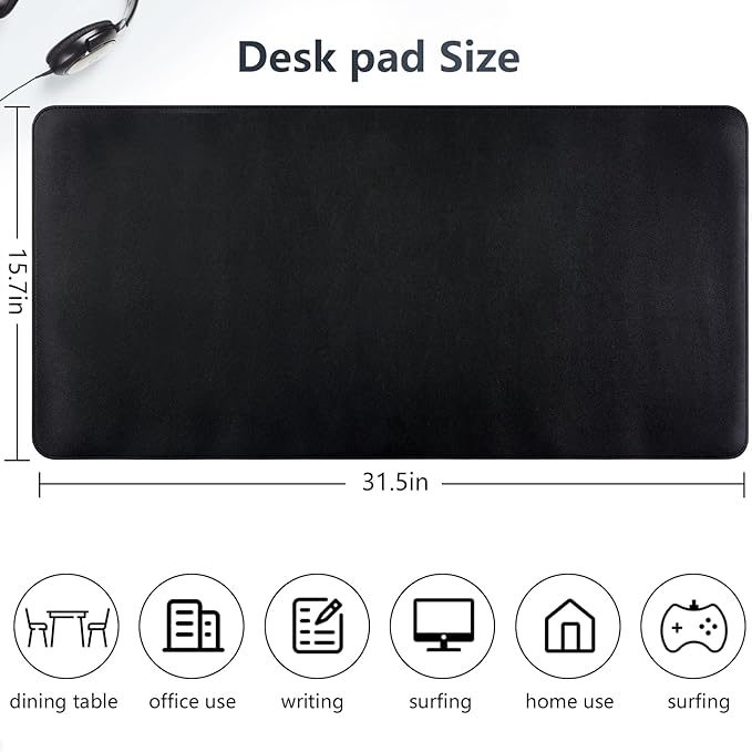 Desk Mat, Dual-Sided Pad, Large Mouse Pad, Natural Cork & PU Leather Non-Slip Waterproof Mats for Office and Home (Black, 31.5" x 15.7")