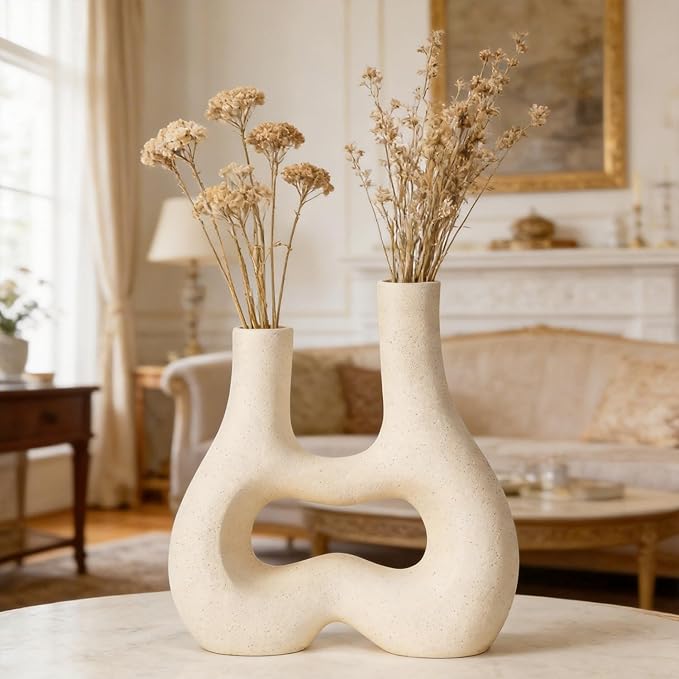 Modern Double Neck Hollow Vase, Minimalist Nordic Resin Sculpture for Home Decor, Boho Wabi-Sabi Vase for Living Room Bedroom Office Table Centerpiece (Ivory)