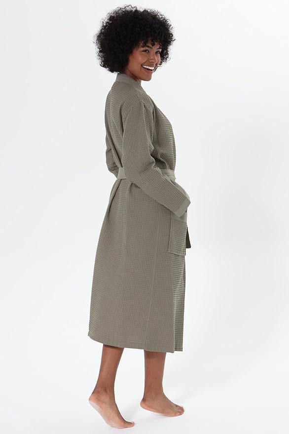 SEYANTE Women's Organic Cotton Waffle Kimono, Hooded Robe – GOTS Certified Lightweight Full-Length Spa Bathrobe with Piping