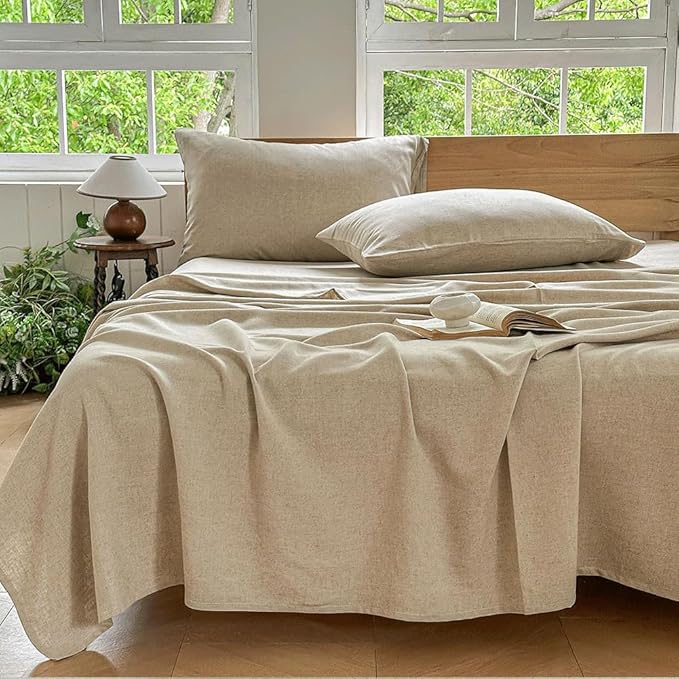 NSNLGSGC 100% French Linen Sheets King Size, 4 Piece Pure Linen Bed Sheet Set, Breathable, Cooling & Durable, Soft Washed Natural Flax Bedding with 16 Inch Deep Pocket, All Season Use(King, Linen)