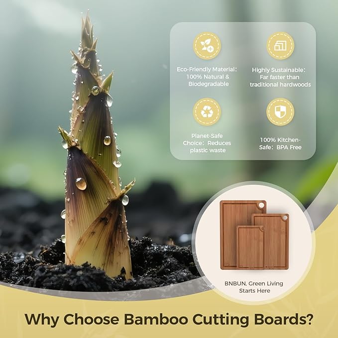 Bamboo Cutting Board for Kitchen, 3-Piece Set with Juice Grooves, Side Handles & Non-Slip Mats – Durable Bamboo Chopping Board for Meat, Vegetables and Fruits