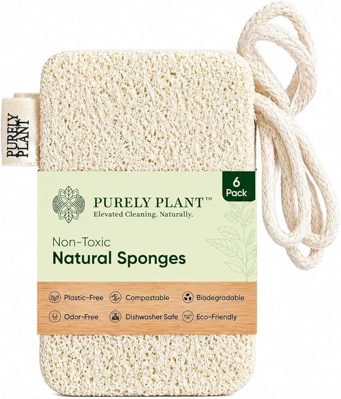 Purely Plant Loofah Dish Sponge 6 Pack–Non Toxic, 100% Plastic Free, Compostable & Biodegradable Premium Kitchen Scrubber, Plant Based, Non-Scratch Scouring Pad for Sink, Tile & Grout Cleaning Luffa