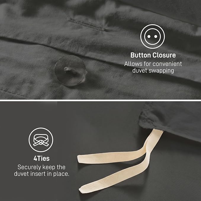 Duvet Cover Set Queen Size, 100% Washed Cotton, Light Weight Breathable Comforter Cover Linen Feel,3PCs Breathable Bedding Set for All Season, Grey 90"x90"