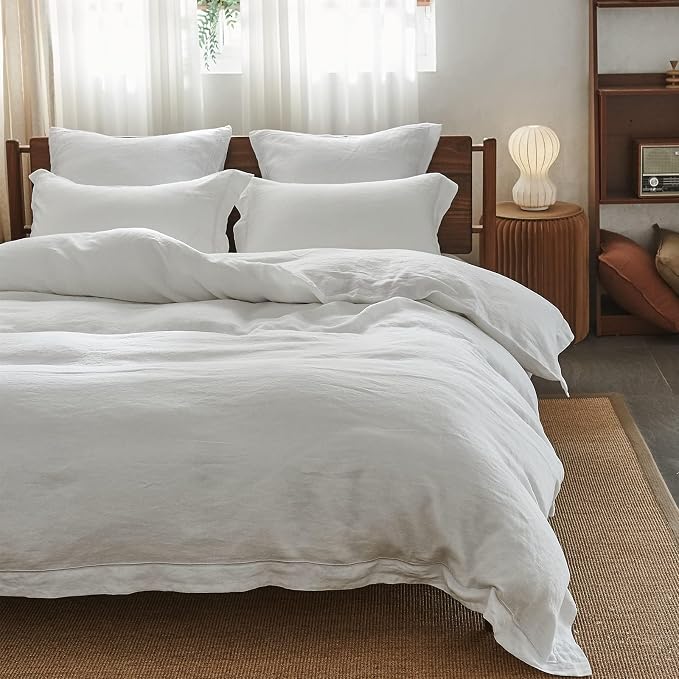 Simple&Opulence 100% Washed Linen Duvet Cover with Embroidered, 3 Pieces Soft Farmhouse Comforter Set with Button Closure,1 Duvet Cover and 2 Pillowshams(Full,White)
