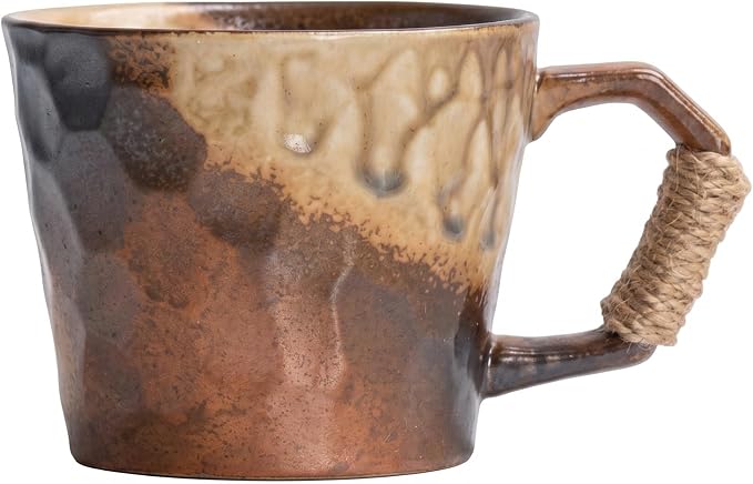 12oz retro Japanese pottery tea cup, handmade tea cup with comfy handle, retro ceramic mug with handle, lead-free reactive glaze, perfect for office & home (Blue)