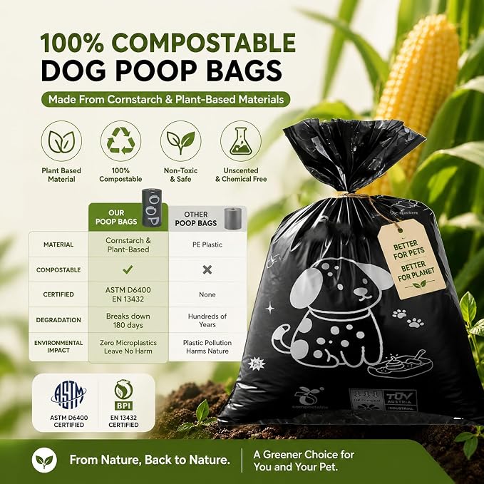 Biodegradable Dog Poop Bags 13×9in 450 count with Free Dispenser | ASTM D6400 & EN 13432 Compliant BPI Certified Poop Bags for Dogs, Unscented, Large, Earth Friendly Leakproof, Easy to Open