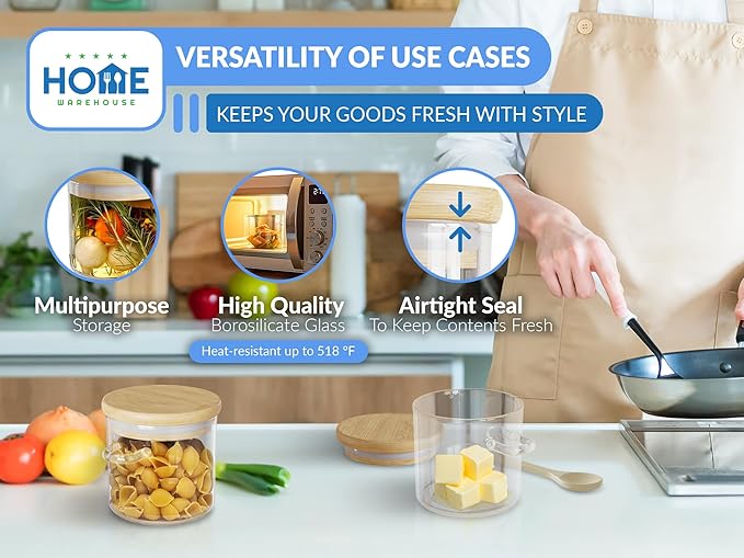 Home Warehouse - Borosilicate Glass Jar Storage with Bamboo Lid and Spoon | Easy to Clean | Premium Kitchen Organization Solutions | 500ml | 17 oz