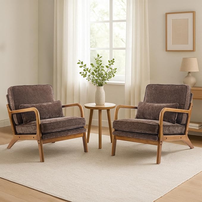 Karl home Mid-Century Modern Accent Reading Chair, Brown | Chenille Upholstered, Solid Wood Frame, Soft Cushion, Lumbar Pillow, Lounge Armchair for Living Room, Bedroom, Balcony, Study