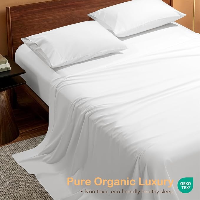 SONORO KATE 100% Organic Cotton Sheets Set - 1000 High Thread Count, GOTS Certified Long Staple Cotton Bed Sheets, Soft, Breathable 5-Star Hotel Sheets, 16" Deep Pockets - 4 PC (White,Queen)