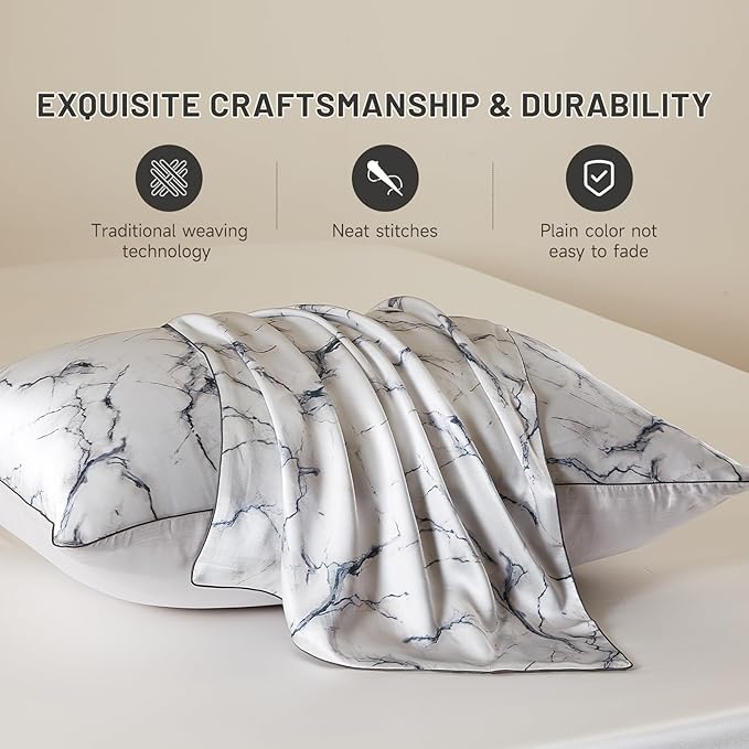 THXSILK Set of 2 Natural Mulberry Silk Pillowcase for Hair and Skin, Grade 6A+ Natural Mulberry Silk Pillowcase, Soft Breathable Zipper Pillow Case Queen Size 20"x30", Grey Marble