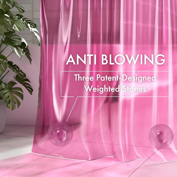 AmazerBath No Hook Shower Curtain and Liner 3-in-1, 8G Luxury Heavy Duty Clear Hot Pink No Hook Shower Curtain Liner, 72x75 Cute EVA Bathroom Weighted Plastic Shower Curtain with 3 Heavyweight Stones