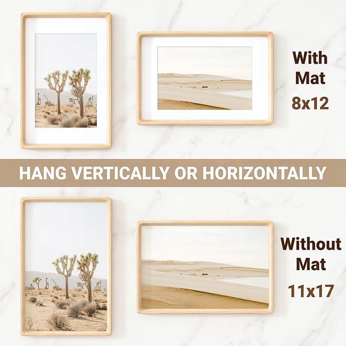 11x17 Picture Frame, USA-Sourced Maple Wood Photo Frames with HD Tempered Glass, Handcrafted Rounded Corner 11 x 17 Wooden Frame Matted to 8x12 Photos, 11x17 Frames, Tabletop or Wall Display