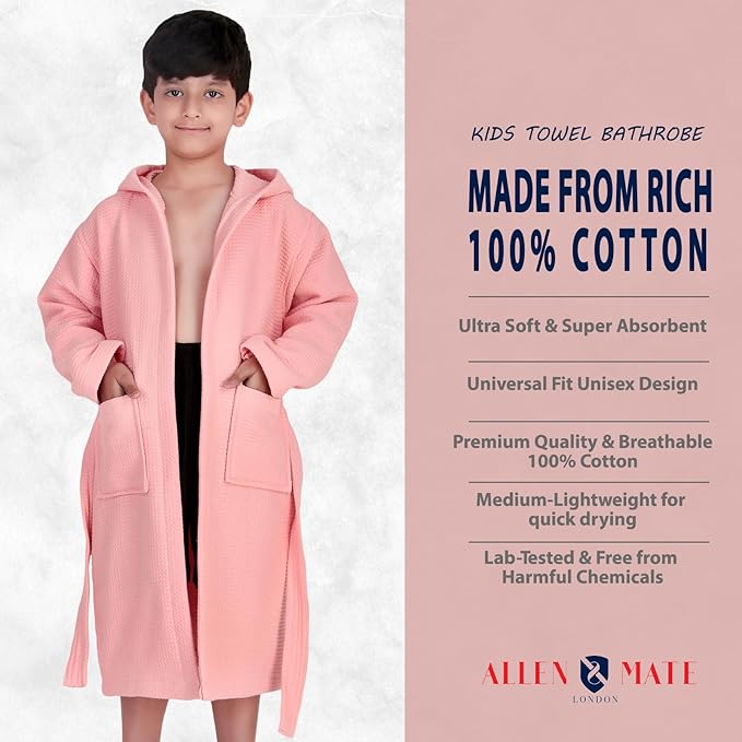 ALLEN & MATE 100% Cotton Waffle Terry Towel Hooded Kids Bathrobe – Soft Absorbent Medium Weight Swim Robe for Boys & Girls