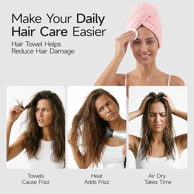 REDKISS Microfiber Hair Towel Wrap for Women, Double Sided Hair Towels with Elastic Strap, Super Absorbent Quick Dry Hair Drying Towel for Long, Thick, Curly Hair, Anti-Frizz Turban (Grenn & Pink)
