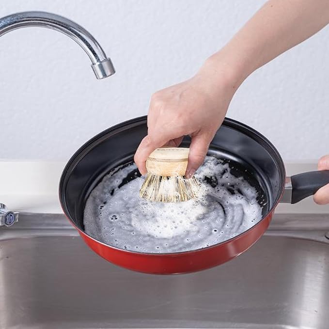 Bamboo Dish Scrubber with Handle - Hard Bristle, Natural Dish Brush Sustainable & Biodegradable, Bamboo Wok Brush for Dishes, Pans and Pots
