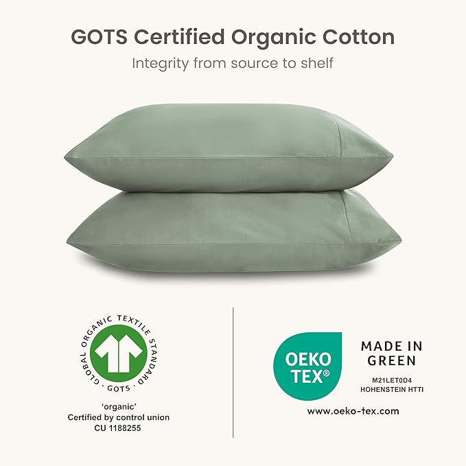 Bioweaves 100% Organic Cotton Envelope Pillow Cases 300 Thread Count Soft Sateen Weave GOTS Certified – 20 X 27, Set of 2, Basil