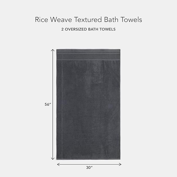 Texere 100% Organic Cotton Rice Weave Jacquard 700 GSM Luxury Bath Towel Sets - Ultra Soft and Absorbent Hotel and Spa Quality (Rice Weave, Charcoal, 2 Bath Towels)