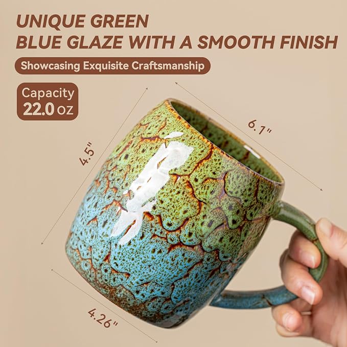 Handmade 22oz Ceramic Coffee Mug, Ergonomic Large Handle, Ideal Gift for Coffee Lovers, Microwave & Dishwasher Safe (Bas-Relief - Green&Blue)