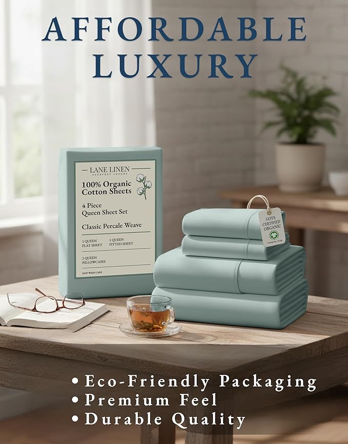 LANE LINEN 100% Organic Cotton Eco Friendly Sustainably Produced Queen Sheets Set, Low Pill Fade Resistant Machine Wash Fully Elasticized Cotton Bedding Queen Set- French Blue