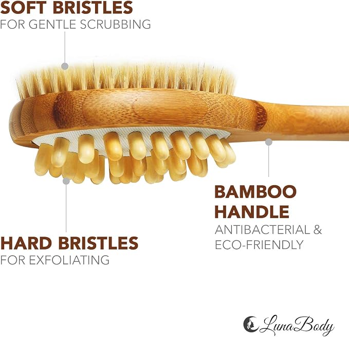 Bamboo Body Brush for Back Scrub - Natural Boar Bristle Shower Brush Scrubber with Long Handle - Exfoliate Skin and Cellulite - Wet or Dry