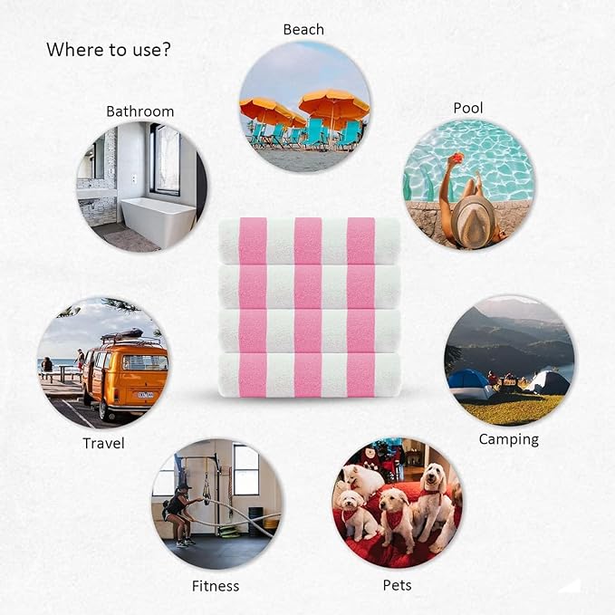 CASA COPENHAGEN Cabana Beach Towel Designed in Denmark Rough and Tough, Quick Dry, Beach, Pool, Bath & Shower 30x60 inches 4 Pieces Cotton Beach Bath Towels Set - Pink