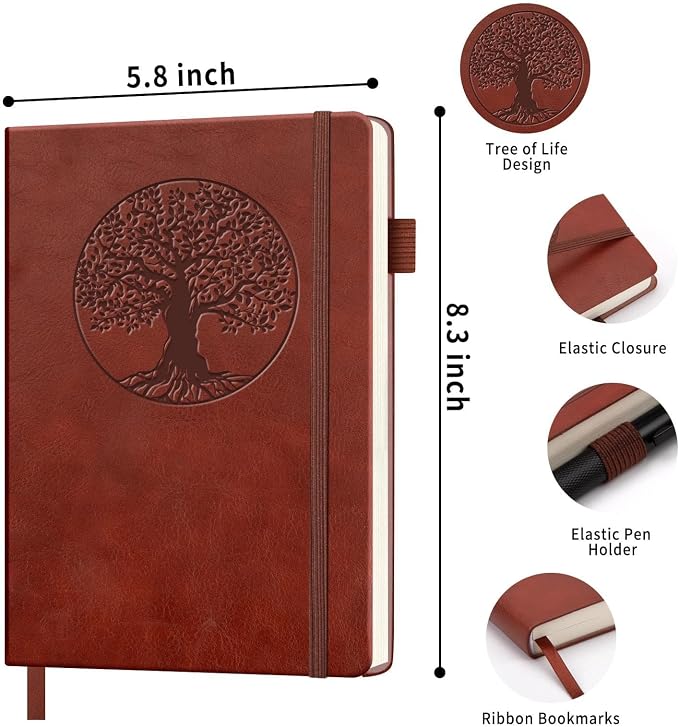 Lined Journal Notebook, A5 Leather Vintage Journals for Writing, 256 Pages College Ruled Notepad for Women Men, Vegan Leather Daily Notebook for Work, School, Travel, Note Taking(Tree of Life, Brown)