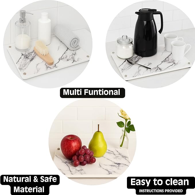 Stone Dish Drying Mat for Kitchen Counter, Diatomaceous Earth Dish Drying Mat, Non Slip, Quick Drying, Super Absorbent, Multipurpose,15.7" x 11.8" inches, White Marble Pattern