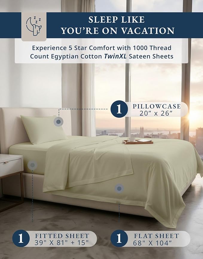 LANE LINEN 100% Egyptian Cotton Extra Long Twin Sheet Set - 1000 Thread Count, Soft & Comfy No Pill Fade Resistant Oeko-Tex Certified sustainably Produced Cotton Sheets XL Twin Sheets- Linen