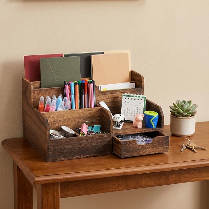 Pumtus Brown Wooden Desk Organizer, Mail Organizer with 7 Compartments and Drawer, Rustic Mail Sorter with Pen Holder, Tabletop Mail Basket, Office Accessories Holder for File Letter Document