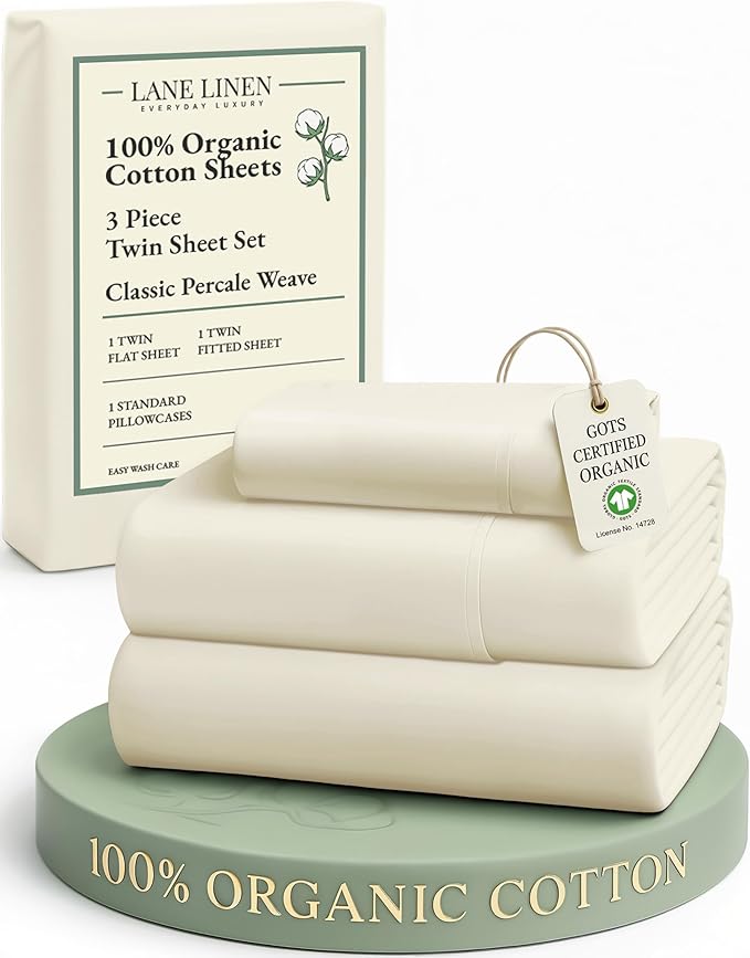 LANE LINEN 100% Organic Cotton Twin Bed Sheet Set, 3 Pc Twin Size Bed Sheets, Soft & Breathable Twin Sheet Set Boys, Hotel Style Bedding Sheets & Pillowcases, 15" Deep Fitted Sheet - Natural