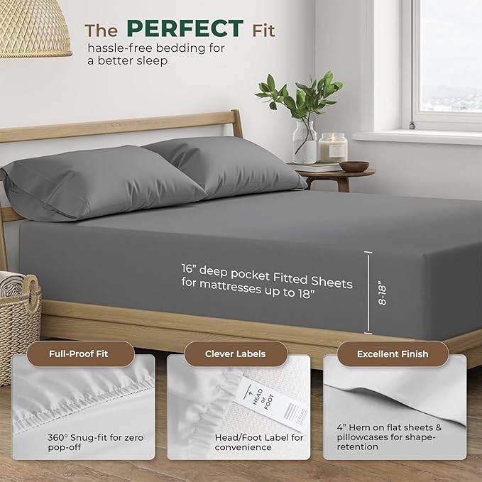 THREAD SPREAD 100% Organic Cotton Sheets Queen Size - 4 PC Organic Cotton Queen Size Percale Weave Sheet Set, Soft, Cooling, Crisp & Breathable, 16" Deep Pocket Hotel Quality Bedding Set - Dark Grey