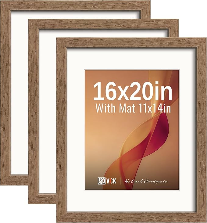 VCK 16x20 Picture Frames Walnut 3 Pack, Wide Border Wood, Tempered Glass, Display 16x20 Poster Photo with Mat or 11 x 14 Without, for Home, Office, Gallery, Woodgrain Series, Wall Hanging