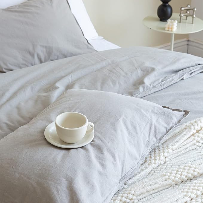 BISELINA French Linen Duvet Cover Set 3pcs with Hidden Zipper Closure Natural Flax Cotton Blend Solid Color Soft Breathable Luxury Farmhouse Bedding -Queen Size, Grey