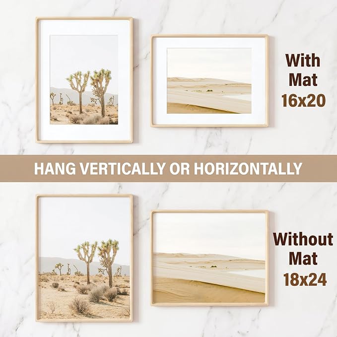 18 x 24 Poster Frame, USA-Sourced Maple Wood Picture Frame with HD Tempered Glass, Handcrafted Rounded Corner 18x24 Wooden Frame Matted to 16x20 Photos, Horizontal or Vertical Wall Display