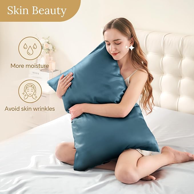 INFIIXSO Mulberry Silk Pillowcase for Hair and Skin, Silk Pillow Cases Queen Size Set of 2 with Hidden Zipper 20"x30", Ultra Smooth and Soft Cooling Pillow Cases for Hot Sleepers(Bluesteel, 2 Pack)