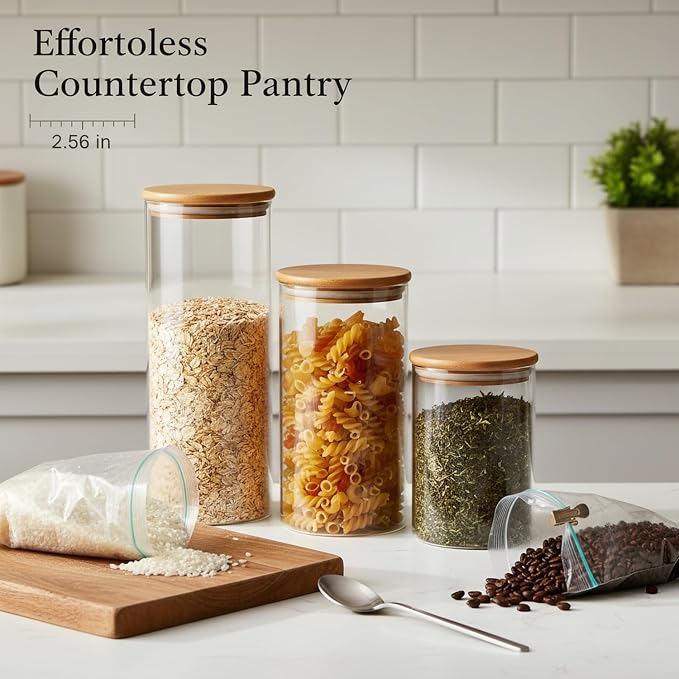 Borosilicate Glass Storage Jars with Bamboo Lids, Clear Kitchen Canisters for Pantry Organization of Dry Goods, Coffee, Tea, and Grains