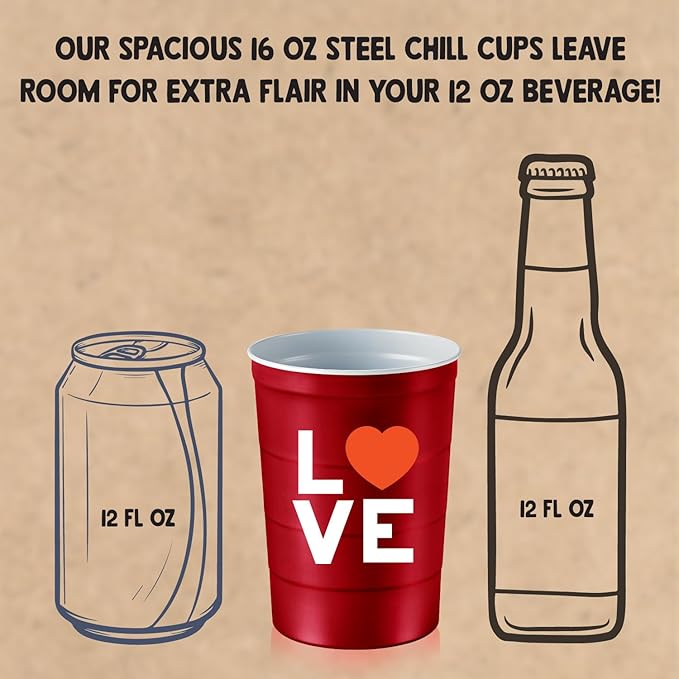 Steel Chill Cups 16 oz. Party Cup Love Heart Design for Cold Drinks, Durable, Disposable, Recyclable, Made in USA, Red, 12 Count