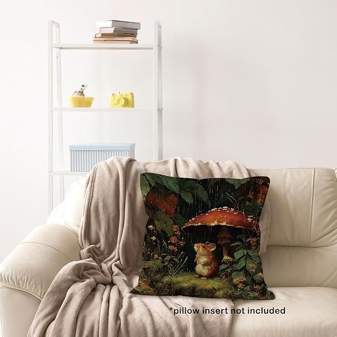 Rat Mouse Mushroom Throw Pillow Cover Gifts 18x18, Dark Academia Cottagecore Decor Pillow Cases for Bedroom Living Room, Vintage Moody Forest Decorative Square Pillowcases for Couch Bed Sofa