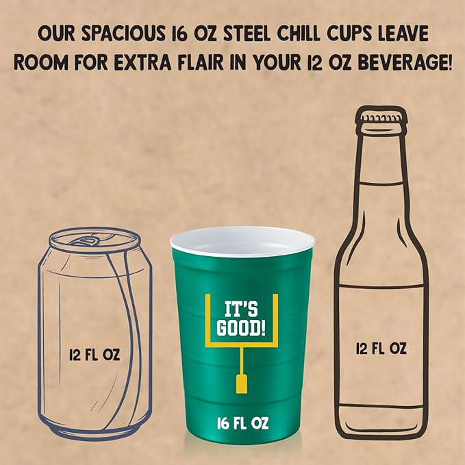 Steel Chill Cups 16 oz. Party Cup Football 'It's Good' Goal Post Design for Cold Drinks, Durable, Disposable, Recyclable, Made in USA, Green 12 Count