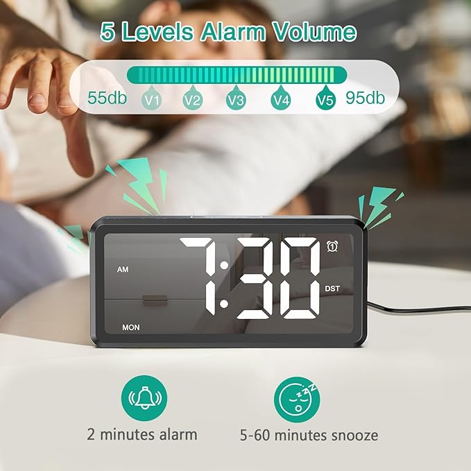 ORIA Wooden Digital Alarm Clock, LED Mirror Desk Clock with Dual Alarms, Snooze, Adjustable Brightness & Volume, Week, DST, for Bedroom Bedside Office