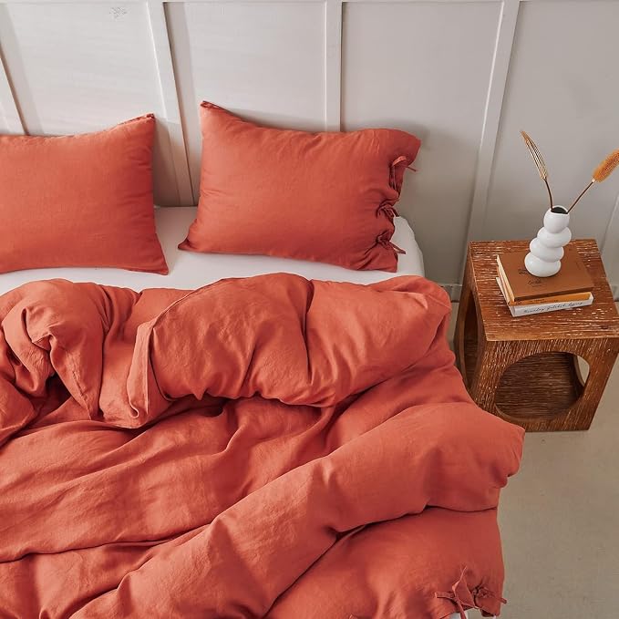 Simple&Opulence 100% Linen Duvet Cover Set 3pcs with Bowknot Ties Closure Natural French Washed Flax Solid Color Soft Breathable Farmhouse Bedding - Brick Red, King Size