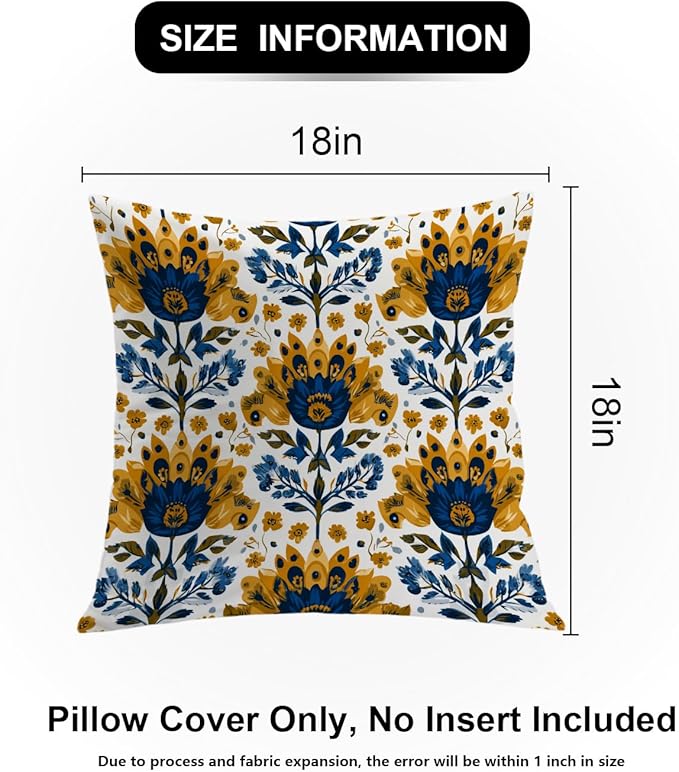 Shrahala Folk Art Floral Motifs Decorative Couch Cover, Blue Yellow Floral Pattern Square Throw Pillows Blended Double-Sided No Inserts for Bedroom Living Room Set of 2 (18 x 18 in)