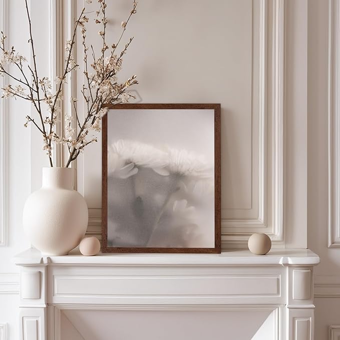 Monem Art Ethereal White Flower Print - Minimalist Botanical Photography Poster - Wall Decor for Living Room, Bedroom or Office - 8x10 Brown Framed Wall Art by Mareike Bohmer