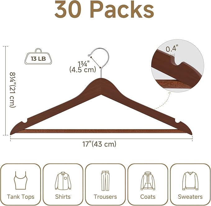 StorageWorks Clothes Hangers, Wooden Hangers 30 Pack for Closet, Wood Hangers for Coats, Shirts, Jackets, Pants, Suits, Walnut Color