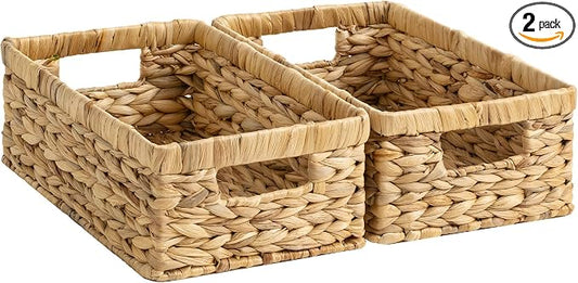 StorageWorks Rectangle Wicker Baskets for Organizing, Decorative Basket, Water Hyacinth Baskets with Handles, Wicker Storage Baskets for Shelves, 2-Pack, 13" L x 8¼"W x 4¾"H